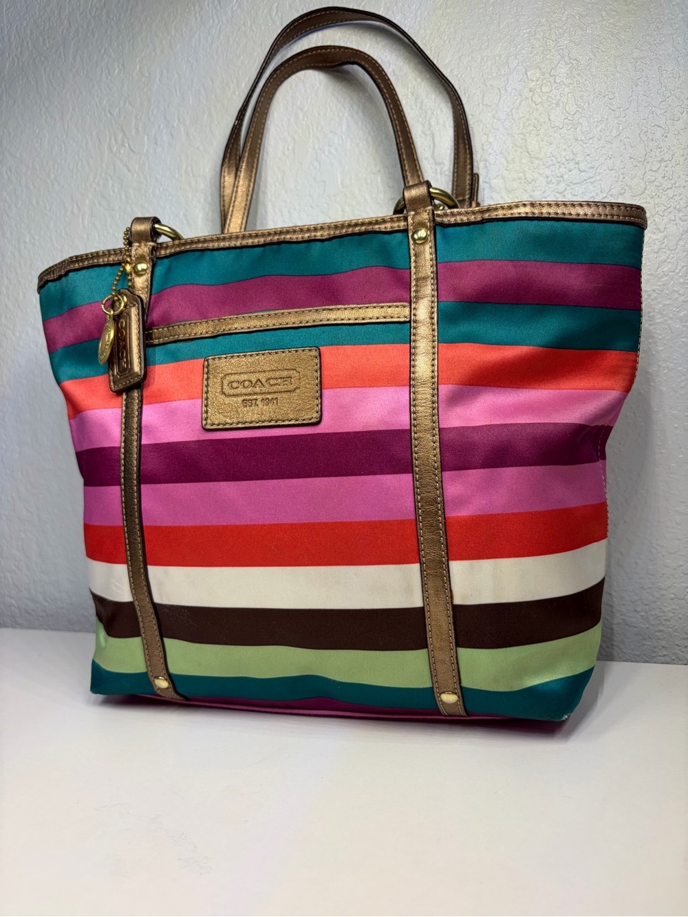 COACH LEGACY Multicolor Striped SATEEN Tote with Gold/ Bronze Trim. 2 Hangtags!! - Picture 2 of 16
